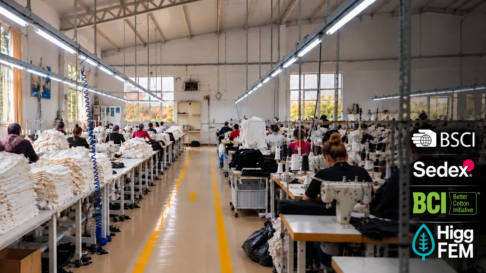 Sewing lines at Berke Global's Havsa garment factory, with BSCI, Sedex, Better Cotton Initiative and Higg FEM marks
